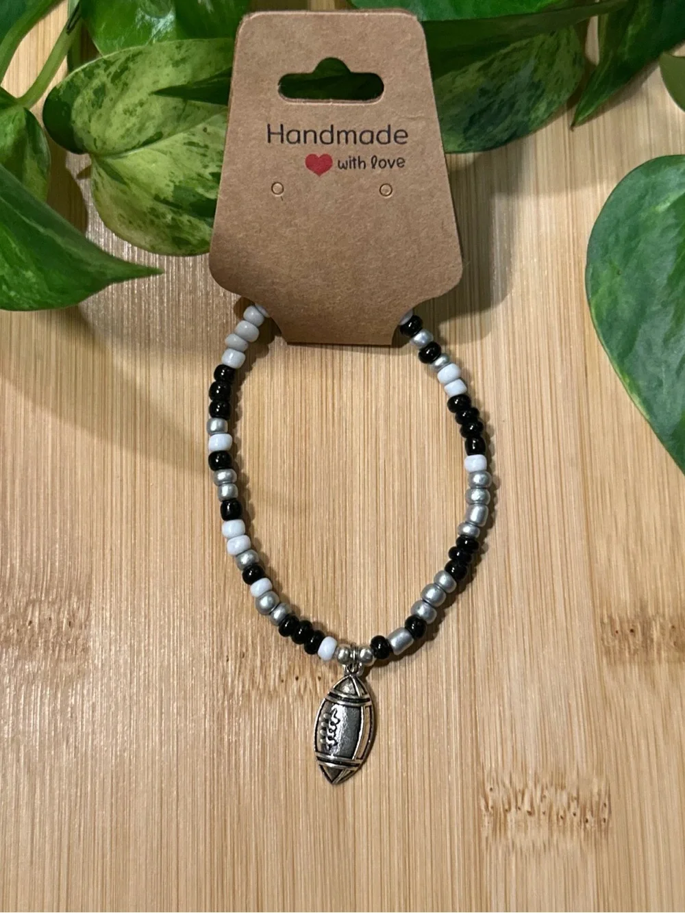 🏈✨ Football Stretchy Beaded Bracelet | Handmade | Silver Football Dangle Charm